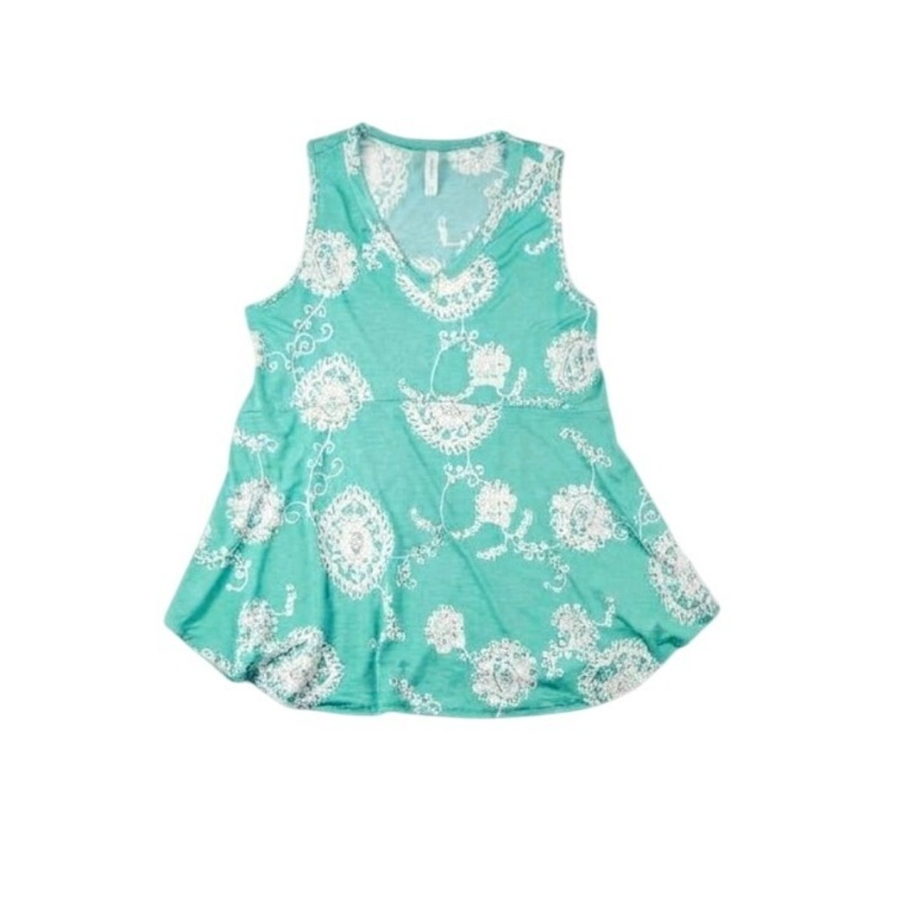 Honeyme Floral Embroidered Babydoll Tunic Top Women‎ Large Teal Green Sleeveless
